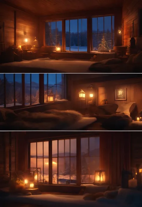 A camera placed in vibrant stage background, night scene, snow, group f/64, Mickey asai, cabin, window Glow, ue5, render, c4d,blender style, (Warm: 1.5)