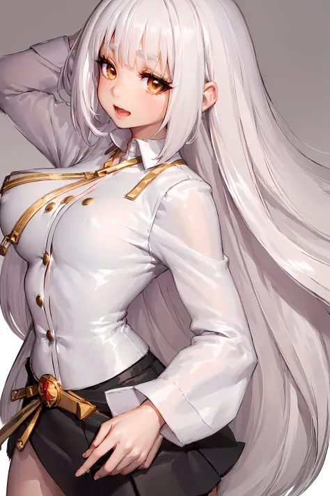 ((Masterpiece, Best quality)), (1girll), (Solo), (female focus), (ahoge, White hair, Very long hair), Gold eyes, Light smile, Open mouth, ((White shirt), (Buttoned shirt), (buttonGap)), ((Black skirt), (Short skirt)), standing, White background, arms back ...