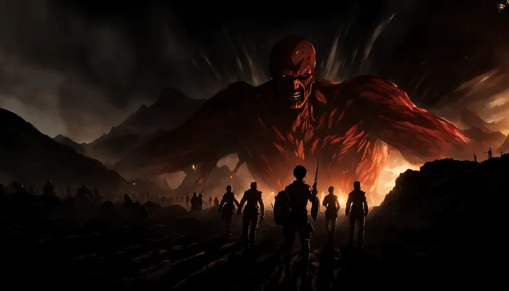 Breathtaking artwork of the Attack on Titan universe, capturing epic battles between humans and Titans, immersive landscapes, and dramatic lighting effects that create an awe-inspiring visual experience.