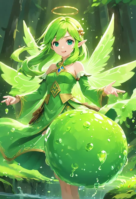 (Masterpiece, Best quality, Ultra-detailed, Best Illustration:1.7), 1 Little Fairy, The wings of the little fairy，(Slime girl:1.4),(See-through:1.8）afloat,Green wind ，Silk fabric，(refractions,Reflection:1.46) ,  Transparent skin, sunshine day，ln the forest