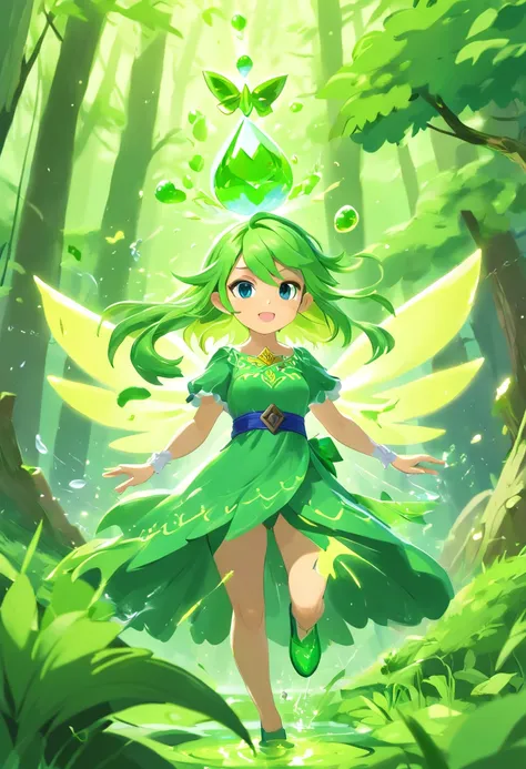 (Masterpiece, Best quality, Ultra-detailed, Best Illustration:1.7), 1 Little Fairy, The wings of the little fairy，(Slime girl:1.4),(See-through:1.8）afloat,Green wind ，Silk fabric，(refractions,Reflection:1.46) ,  Transparent skin, sunshine day，ln the forest