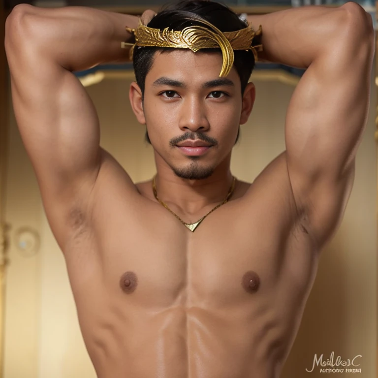 masuter piece、well built、jefri nichol a javanese Male、Age 15、Hot Guy、lite moustache, muscular、macho、wearing majapahit kingdom costume, gold head band, gold shoulder band, gold necklace, gold crown, hair bund,  long-haired、Fade Cut、bodybuilder, Large body、l...