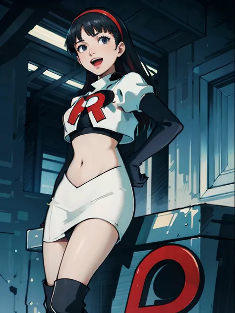 yukiko, team rocket, team rocket uniform, red letter R, white skirt, white crop top, black thigh-high boots, black elbow gloves, evil laugh