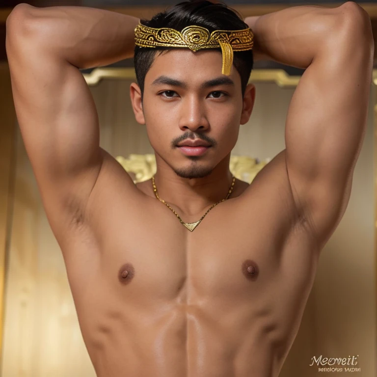 masuter piece、well built、jefri nichol a javanese Male、Age 15、Hot Guy、lite moustache, muscular、macho、wearing majapahit kingdom costume, gold head band, gold shoulder band, gold necklace, gold crown, hair bund,  long-haired、Fade Cut、bodybuilder, Large body、l...