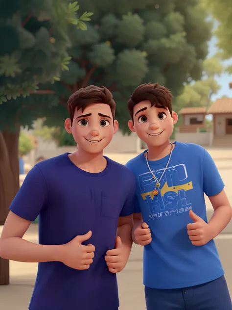 A imagem em formato 3d Pixar mostra dois pequenos jovens posando juntos para uma foto. Theyre facing the camera, with their faces clearly visible. Both boys have dark eyes, com o menino de destaque possuindo olhos mais escuros. The prominent boys mouth is ...