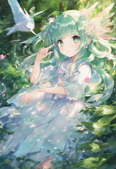 (Masterpiece, Best quality, Ultra-detailed, Best Illustration:1.7), 1 Little Fairy, The wings of the little fairy，(Slime girl:1.4),(See-through:1.8）afloat,Green wind ，Silk fabric，(refractions,Reflection:1.46) ,  Transparent skin, sunshine day，ln the forest