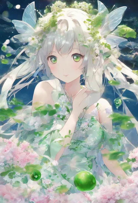 (Masterpiece, Best quality, Ultra-detailed, Best Illustration:1.7), 1 Little Fairy, The wings of the little fairy，(Slime girl:1.4),(See-through:1.8）afloat,Green wind ，Silk fabric，(refractions,Reflection:1.46) ,  Transparent skin, sunshine day，ln the forest