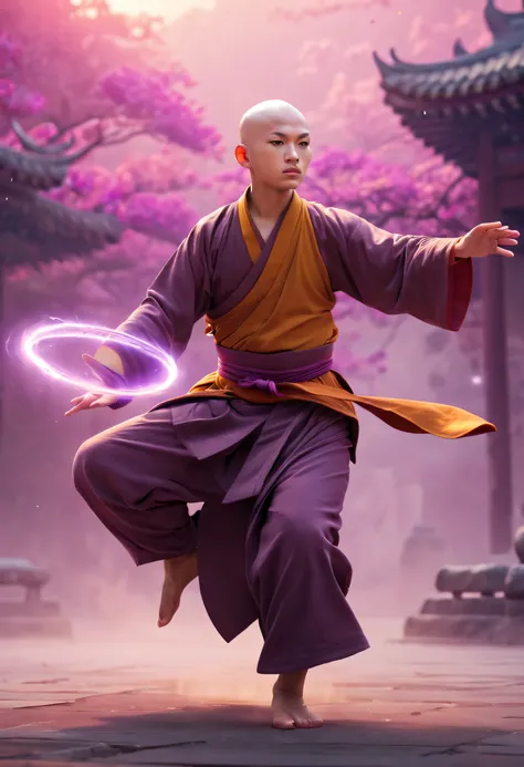 A handsome Shaolin monk、(((1 juvenile，bald-headed，buddhist monk，full bodyesbian，tear-mole:)))full bodyesbian，Sharp eyes，Clear facial features，wearing a hanfu，White robe，Fighting，Strong dynamic posture，The body is surrounded by purple mist，Runes surround yo...