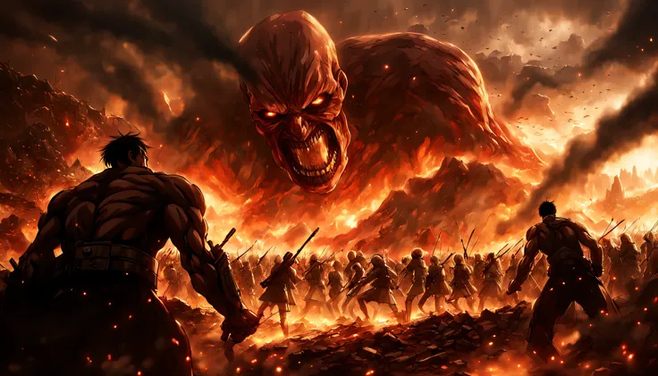 breathtaking artwork of the attack on titan universe, capturing epic battles between humans and titans, immersive landscapes, an...