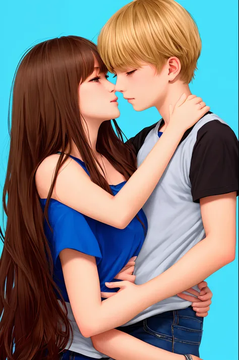 blonde boy, brunette girl, hugging, blue background