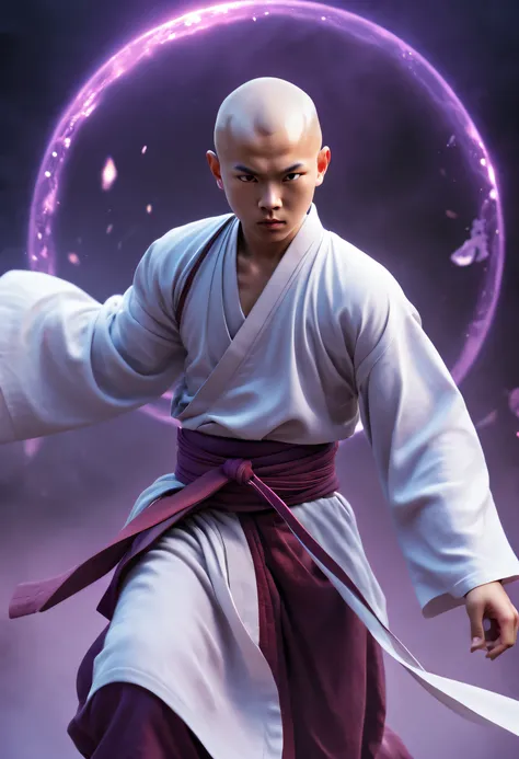 Handsome Shaolin monk、(((1 juvenile，bald-headed，buddhist monk，full bodyesbian，tear-mole:)))full bodyesbian，Sharp eyes，Clear facial features，Angular，dressed white hanfu，Powerful dynamic posture，The body is surrounded by purple mist，Runes surround you，Martia...