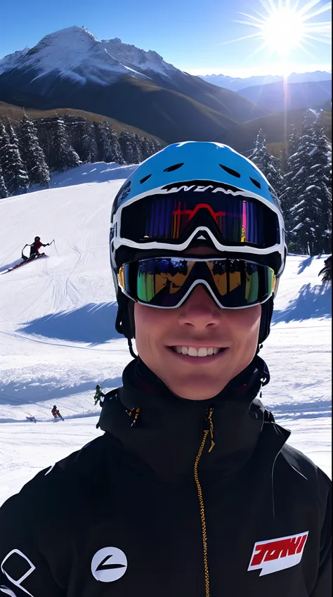 Boy avatar skiing photo，Black all over，In the background is the sunshine gold mountain