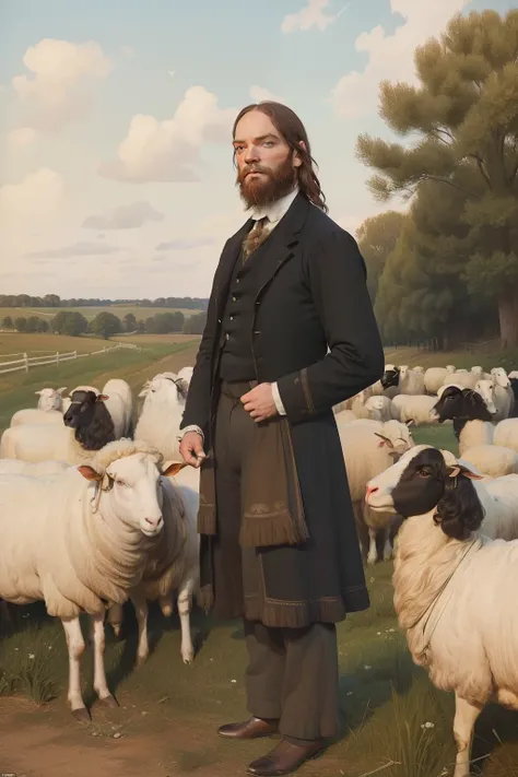 year: 1864. Location: Rock Island, Illinois. Pre-Raphaelite (((56-year-old Duncan Lacroix))), sheep, farm, ((((rural Clothing from the 1860s)))) ((Hairstyle of the 1860s)), ((("OMITB" cinematography)))