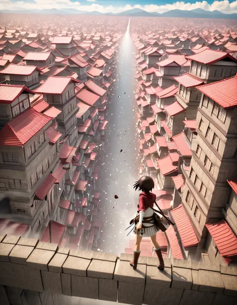 Capture monumental and visually stunning scenes, It is reminiscent of Isayama Hachichi（hajime isayama）s《attack on titans》. The location is a sprawling city, combats， (Mikasa:1.5), (Giant:1.5), (wall:1.5), (Town:1.5), (Moving:1.5),(moving rapidly:1.5),. Soa...