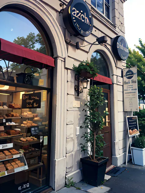 There are a lot of baked goods on display in the storefront, seen from outside, Fresh bakery in the background, baker shop, author：Tom Wenerstrand, shop front, author：Emma Andievska, author：Christofo Zefarovich, author：Beta Vukanovic, author：Martina Krupič...