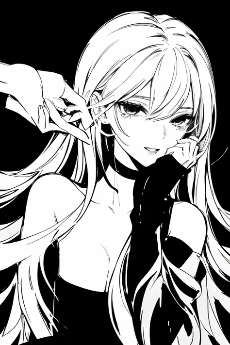 sketch by NTY,  black background, woman,black and white aesthethic girl anime pfp, close up face
