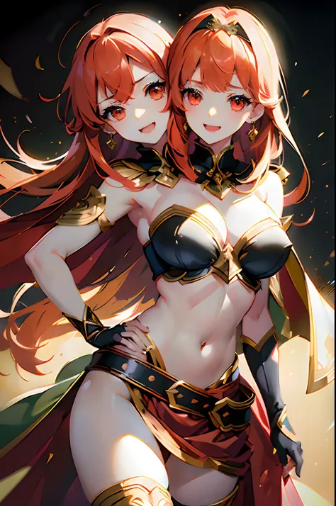 (masterpiece, best quality), best resolution, (2heads:1.5), 1girl, armor, wide hair spreading everywhere, cheeks of both heads touching each other without hair between them, bangs, breasts, cape, cape lift, earrings, gloves, hand on hip, headband, jewelry,...