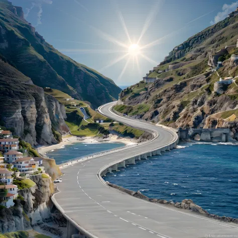 wide and winding empty road by the sea that goes up towards the mountains with vast vegetation, the initial part of this road is...