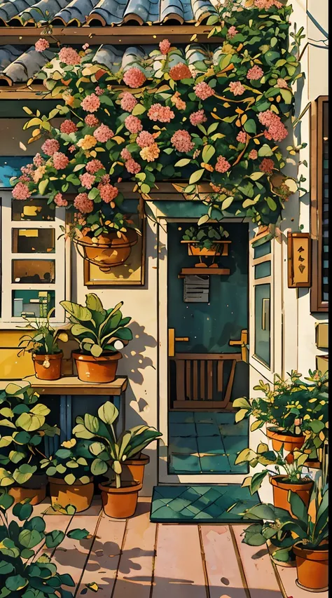 jzcg021,flower shop,coffee spots,gauges,a chair,no one,janelas,flowers,a plant,plants in pots,aquarelle (mediating),landscapes,d...