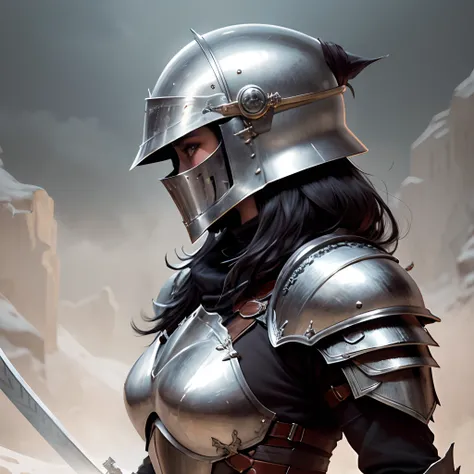 Armored slim female knight, helmet visor is down, heavily intricate armor. Side profile and with arm across body, ready to slash with sword