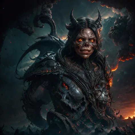 Epic, Cinematic, night time, Macro Shot Angry, The skeleton of a female devil, Front on ,facing camera, Intricate black dress, Fire Wings, Fire from her hands ,Horns, Ash soot, red and yellow light, Blue dust, haze ,Walk along the decrepit street, filled w...