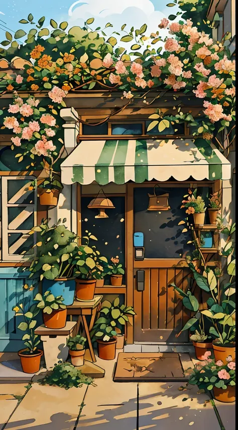 jzcg021,flower shop,coffee spots,gauges,a chair,no one,janelas,flowers,a plant,plants in pots,aquarelle (mediating),landscapes,d...