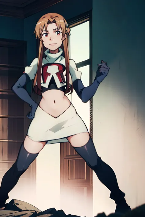 yuuki asuna, team rocket, team rocket uniform, red letter R, white skirt, white crop top, black thigh-high boots, black elbow gloves, evil smile