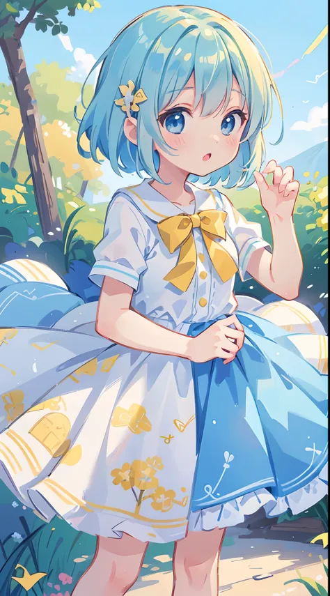 ((masutepiece，Top image quality，Best Quality，8K，​masterpiece))girl1，cute little，Lori，Bob Hair，lightblue hair，Blue eyes，White dress，yellow ribbon，musical note，🎶，score