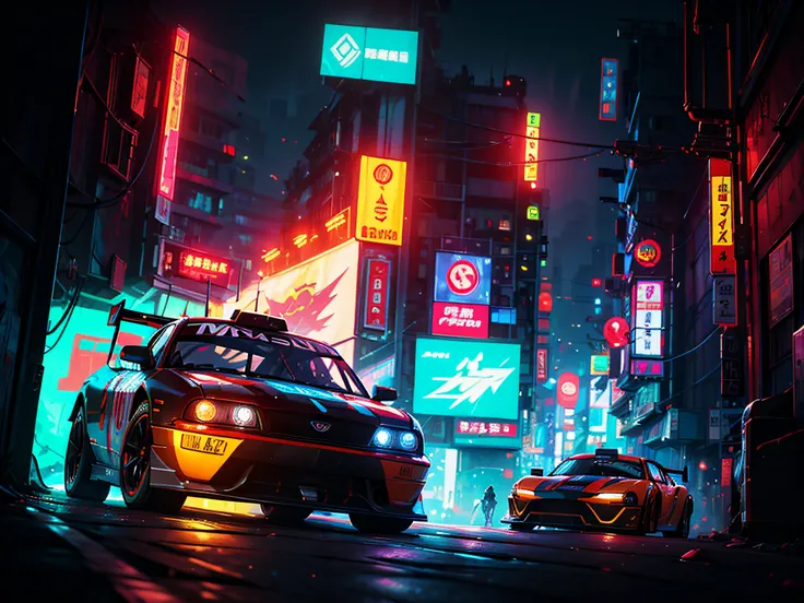 Best quality, masterpiece, ultra high res, Capture the adrenaline-fueled excitement of a sleek, high-performance racing car dripping, red, blue, fires, neon light, dust, full car show, from side, cyberpunk racing car, tokyo cyberpunk night,Detailed,Realist...