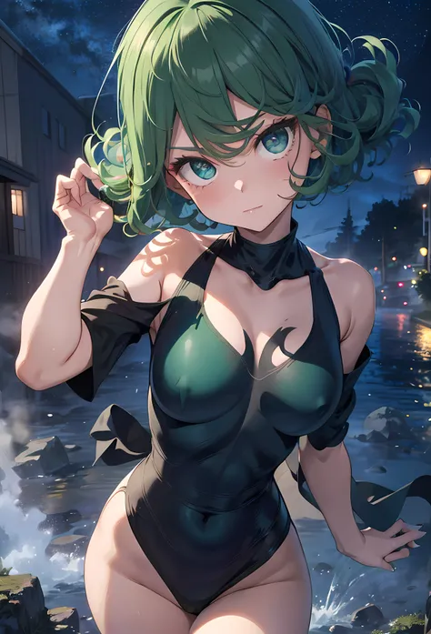 best qualtiy　４K　tmasterpiece　hyper HD：1.3　Green hair　1个Giant Breast Girl　perfect bodies　Super Detailed Face　Bust Photo　tiny chest　Convex areola　Sheer green clothes　Sheer sheer off-the-shoulder clothing　Beautiful woman short hair　Solo　1girl in　child　tatsuma...