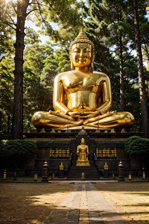 Giant Buddha statue in the distance,The golden Buddha statue shines with golden light, Texture, Tall, Majestic, inverted image, The background is illuminated by sunlight, Towering trees, Pilgrims walk the road. The composition is beautiful, With masterpiec...