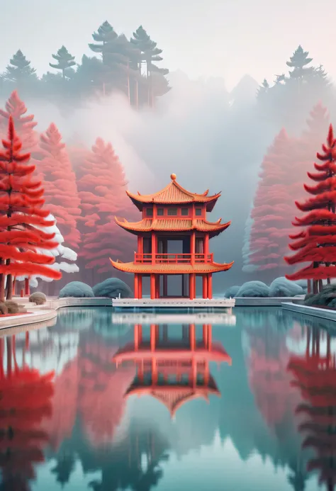 winter photography, Minimalist Chinese architecture, red pine trees, mirrored lakes,ethereal geometric shapes, surreal style, closeup, soft fog, cinema4d rendering, surreal water, dreamy colors, very clean image, minimalism, simple stage design, 8K