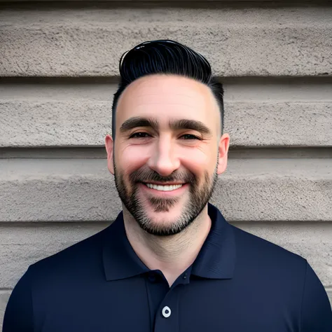 Man 37 years old, black hair, beard with goatee, hair combed to the side, dark blue polo shirt, smiling, eyebrow, a little bigger, eyes not too big