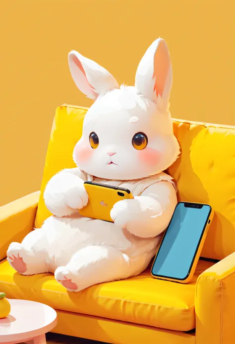 a little white rabbit is lying on a yellow couch，mobile phone in hand, a design style with creative features,illustration,cute a...