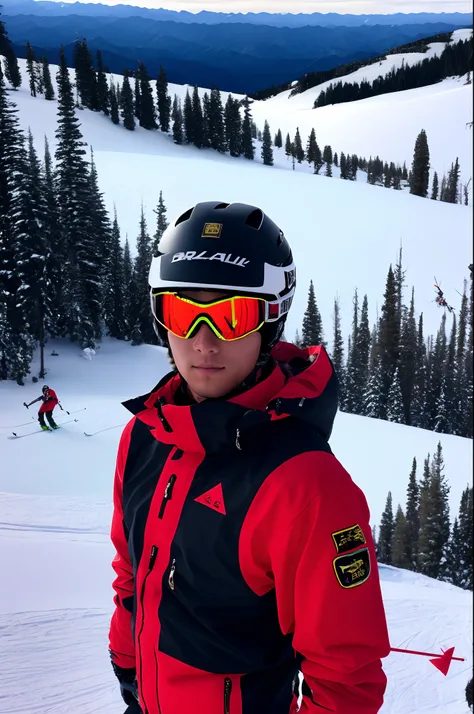 Masculine boy avatar skiing photo，Black all over，Helmet black and red，In the background is the sunshine gold mountain，chineseidol