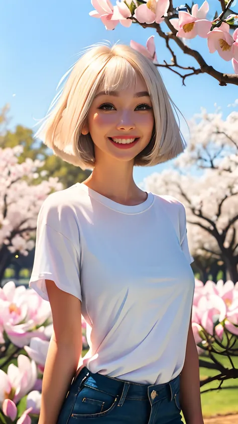 pretty 1girl, 16k uhd, platinum blonde hair, bob cut, small breasts, black tshirt, shorts, clear background, flowers, magnolias, mandarins tree, upper body portrait, cowboy shot, detailed eyes, happy, smile