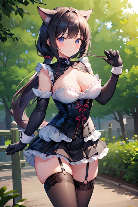 masterpiece, best quality, ultra realistic, hyper-detailed, 8k resolution, RAW photo, sharp focus, Adorable guard dog girl, very cute, kawaii, Bondage corset dress, paw gloves, side shots, top angles, shy faces, perfect anatomy,