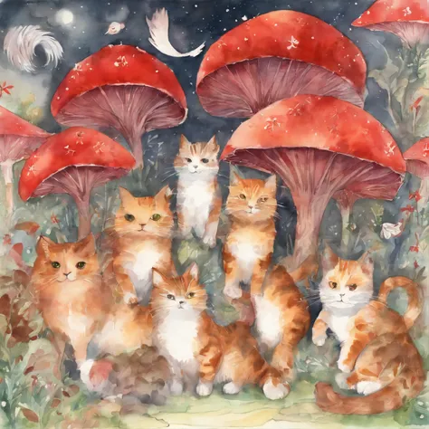 Cat  Parade　Fantastic atmosphere　Picture book illustrations　watercolor paiting　Overall, the color is strong red