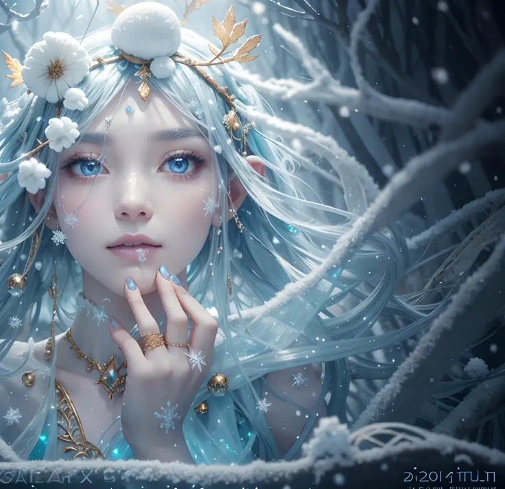 fairy princess, snow, ice, icy breath, mist breath, cotton, ice blue, rings, skin, 24k as the mist settles over the swamp, a hol...