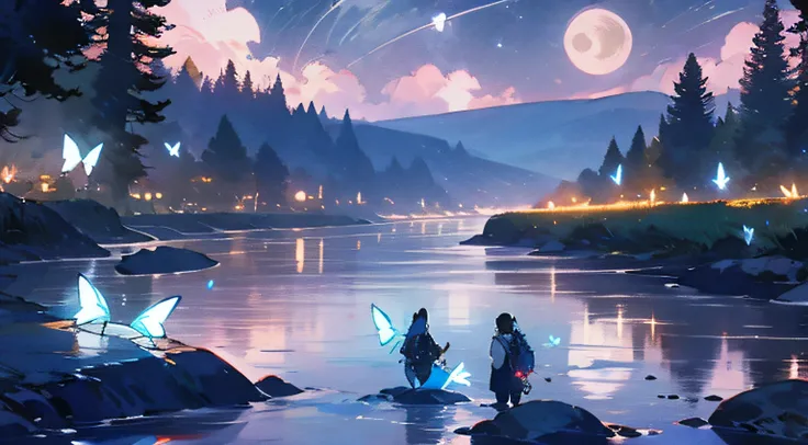 Moon River, Night, Multiple boys, Nature, scenery, Rock music, Multiple girls, glowworm, Bugs, water, Outdoors, sky, bag, Butterfly, Moon