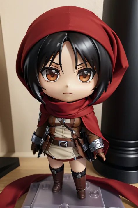 Attack on Titan, (cute Chibi Nendoroid of Mikasa Ackerman, red scarf, metal pedestal), (Masterpiece), (Best Quality), (Ultra high Detailes)