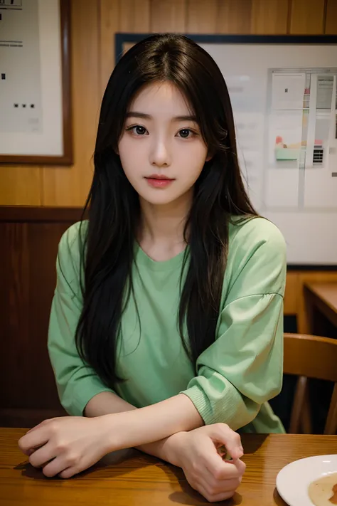 There is a woman with long hair sitting at a table, wan adorable korean face, shot with Nikon Z9, Young adorable Korean face, Portrait of female Korean idol, she has a cute expressive face, young cute wan asian face, captured on canon eos r 6, she has a cu...