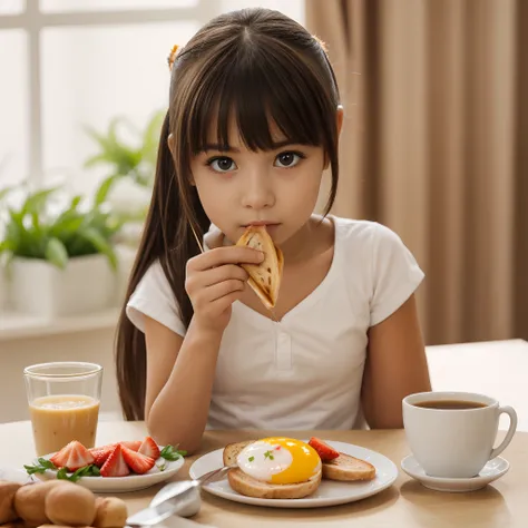 Innocent girl eating breakfast,tail hair,photo hd