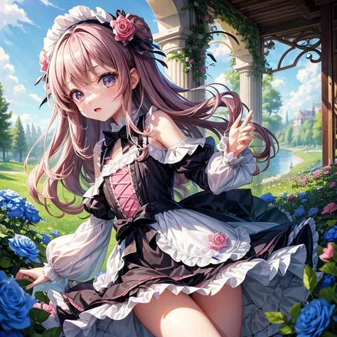 （​masterpiece，Highest Quality），(child)，a miniskirt，Pink Lolita Clothes，frilly dress，(A dark-haired，Twin-tailed)，embarrassed from，Delicate body，Smaller chest，petite body，Nemophila menziesii up to the shoulder，roses