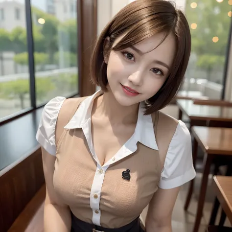 Top quality, Ultra realistic, Very dense, (Waitress uniform,Adult female in her early twenties,1 woman), Perfect body depiction, Light brown short hair, Perfect and beautiful face, Proportions without defects, Beautiful body line, Body depiction without br...