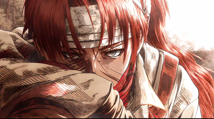 anime - style image of a woman with red hair and a scarf, from kenshin, snk, cool shading, fan art, close-up!!!!!, eren jaeger, ...