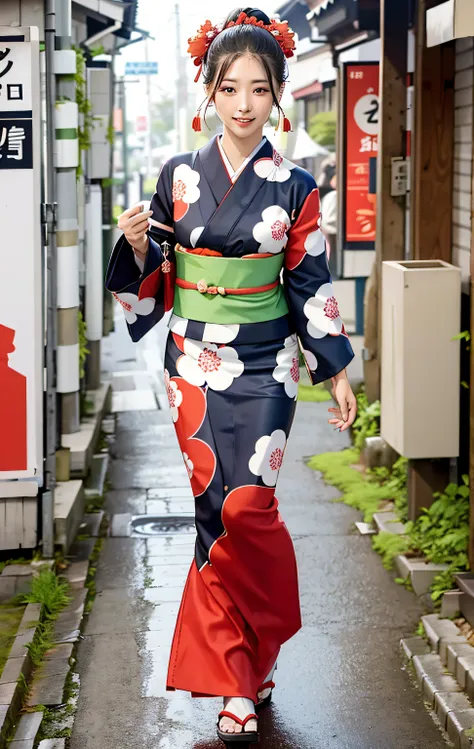 a woman in a kimono walking down a street,