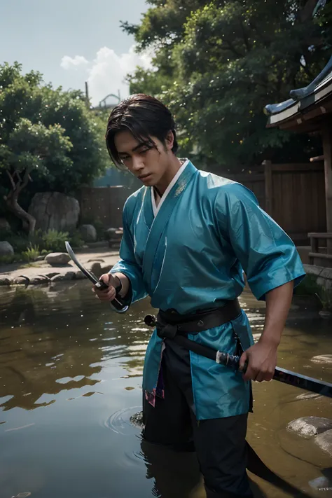 (a teenager male swings a Japanese sword),(handsome male), (hanfu), dark skinned male, dark skin, ink water surrounded,wind surrounded, clear face, clear and bright eyes, high detail, Full Body, cinematic lighting, motion blur, ray tracing, reflection ligh...