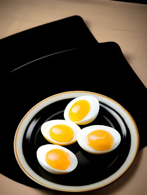 Preserved eggs with a yellowish tinge on the black，On a dinner plate，Cut in half