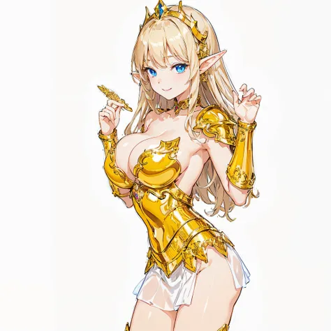 ​masterpiece、top-quality、ighly detailed、hight resolution、１６ｋ、fullnude、Boob proportions、golden armour、Very thin skirt、Full body like、Very white skin、Beautiful fingers、Anime girl with very big breasts posing naked、Perfect Style、elvish、no-bra、Blonde blue-eyed...